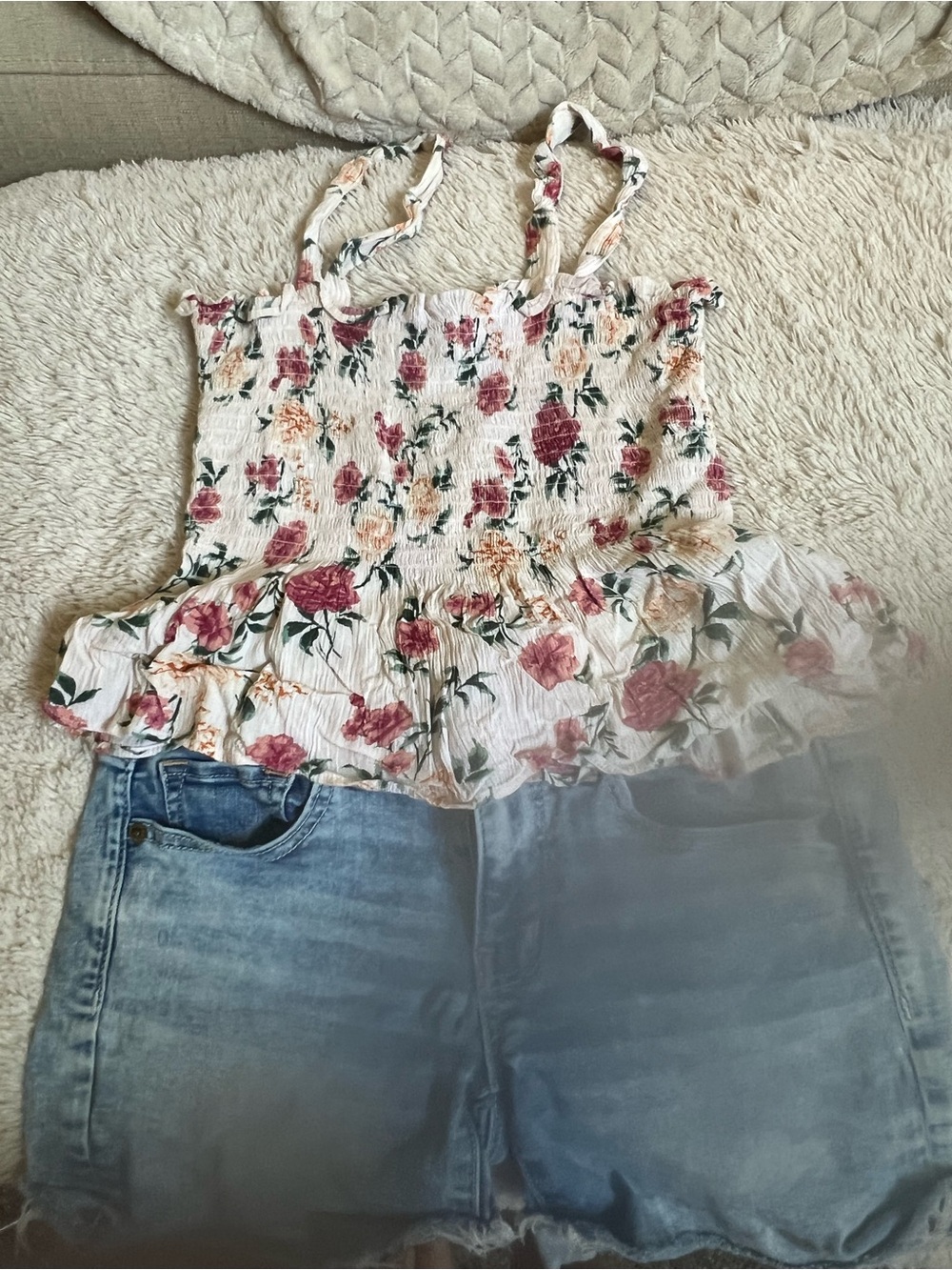 American Eagle Outfitters Cream Floral Smocked Ruffle Cami